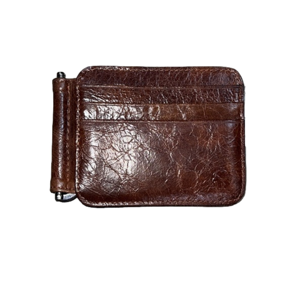 Leather Money Clip Card Wallet - Brown